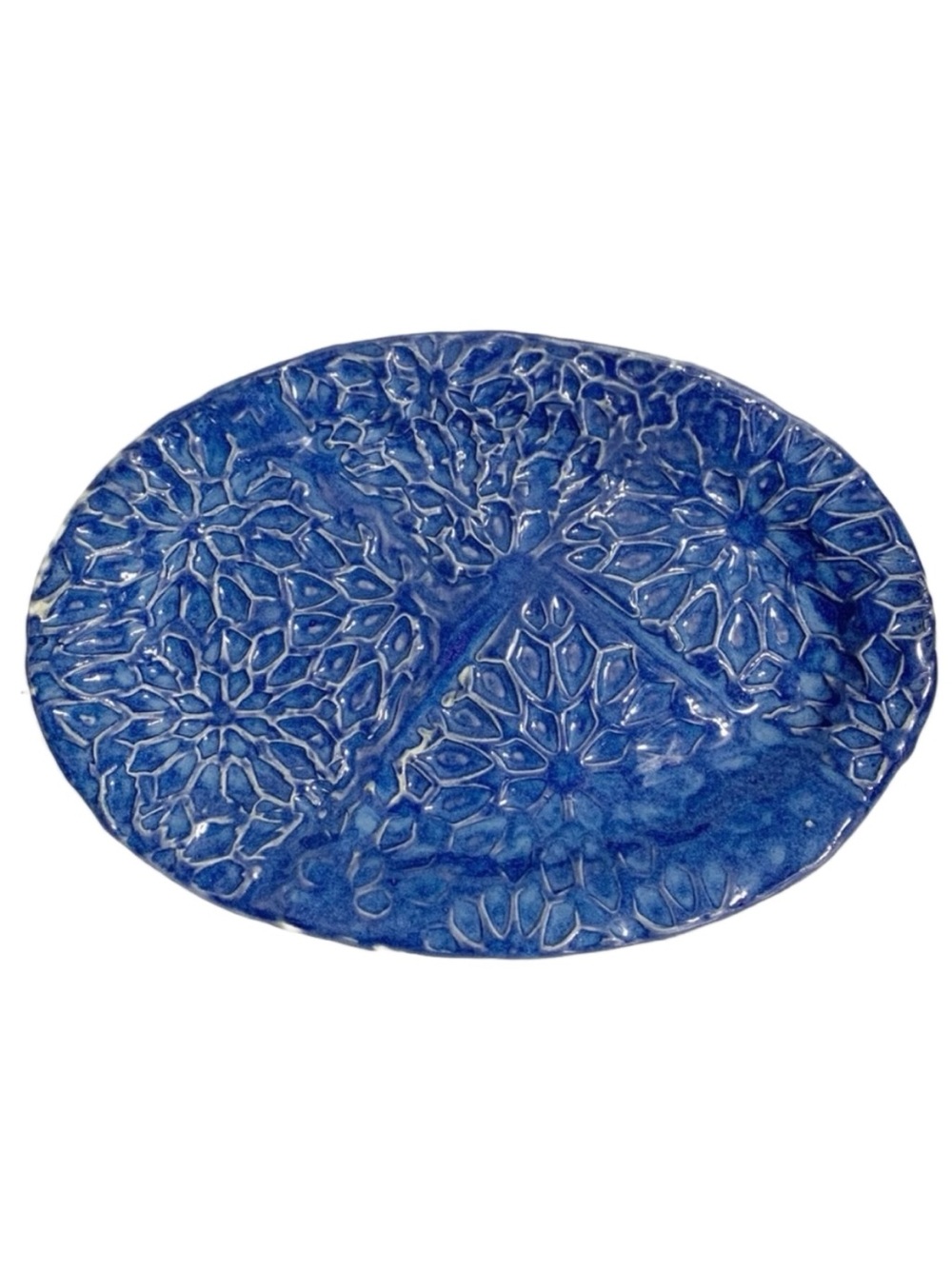 Art Pottery Floral Printed High Gloss Blue 💙 Glazed Trinket Dish Plate Embossed